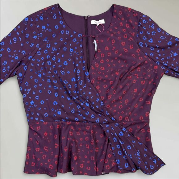 NWT Parker Cobalt Leopard Blouse Keyhole-Neck Long Sleeve Peplum Top Size Lrg - Picture 2 of 10